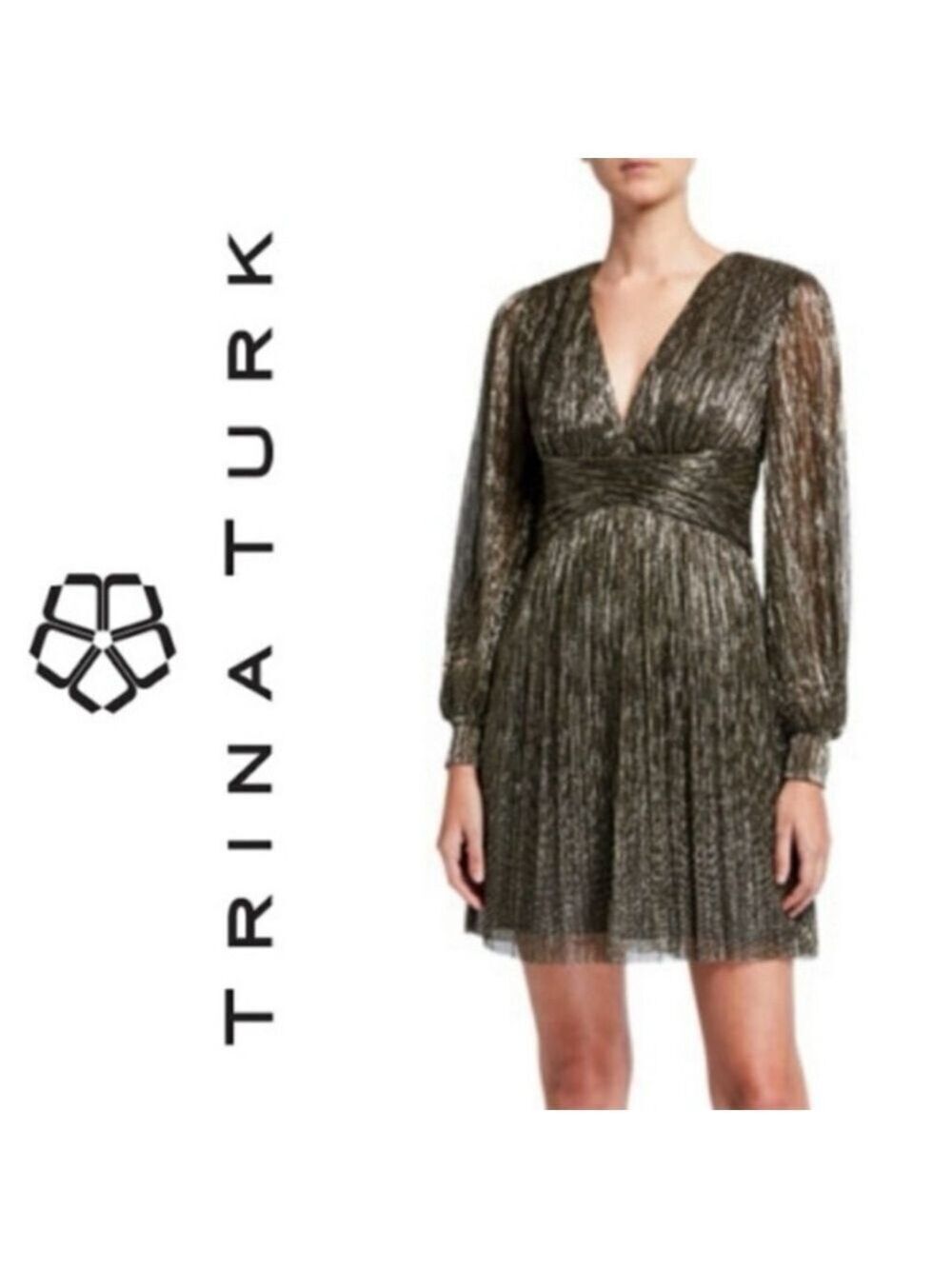 NWT Trina Turk Cherry Blossom V-Neck Bishop Sleeve Empire Waist Dress. Size 0